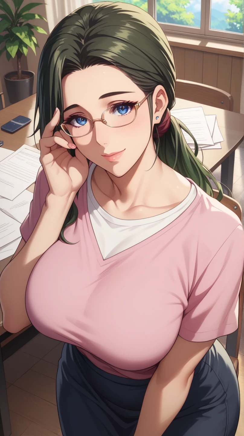 (masterpiece, best_quality:1.2), 1girl, solo, mature female, dark-green hair, low ponytail, (officework), beautiful eyes, glasses, looking at viewer, large breast, wide hips, above view, cowboy shot, standing, leaning forward, beautiful, smile, adjusting eyewear, serene expression, intricate details, detailed background, indoors, desk, chair, workspace 