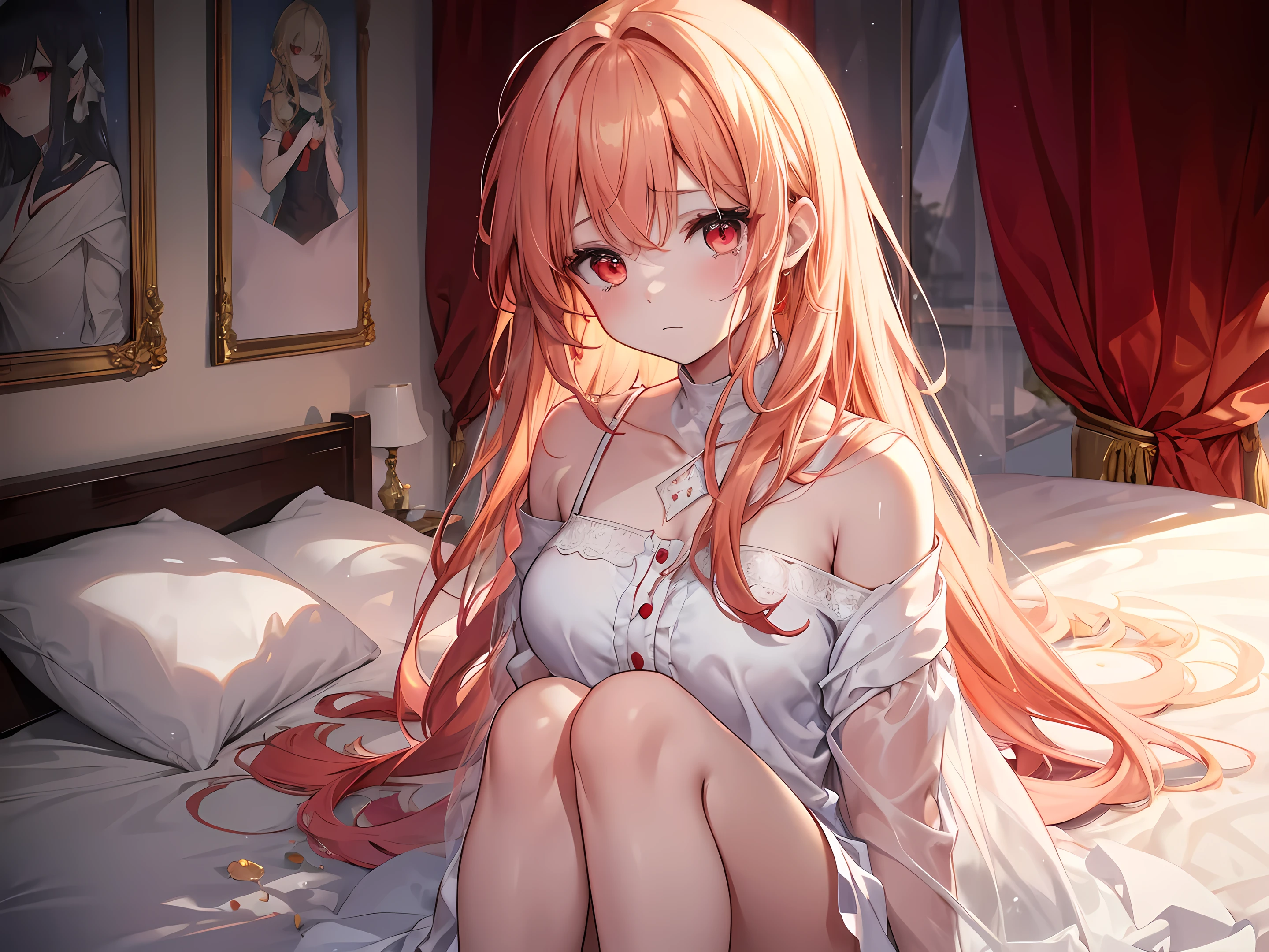 (masterpiece, best quality), Marin Kitagawa, beautiful girl, blonde hair, choker, ear piercing, earrings, long hair, piercing, (red eyes:1.5), straight hair, swept bangs, adult, bed, big chest