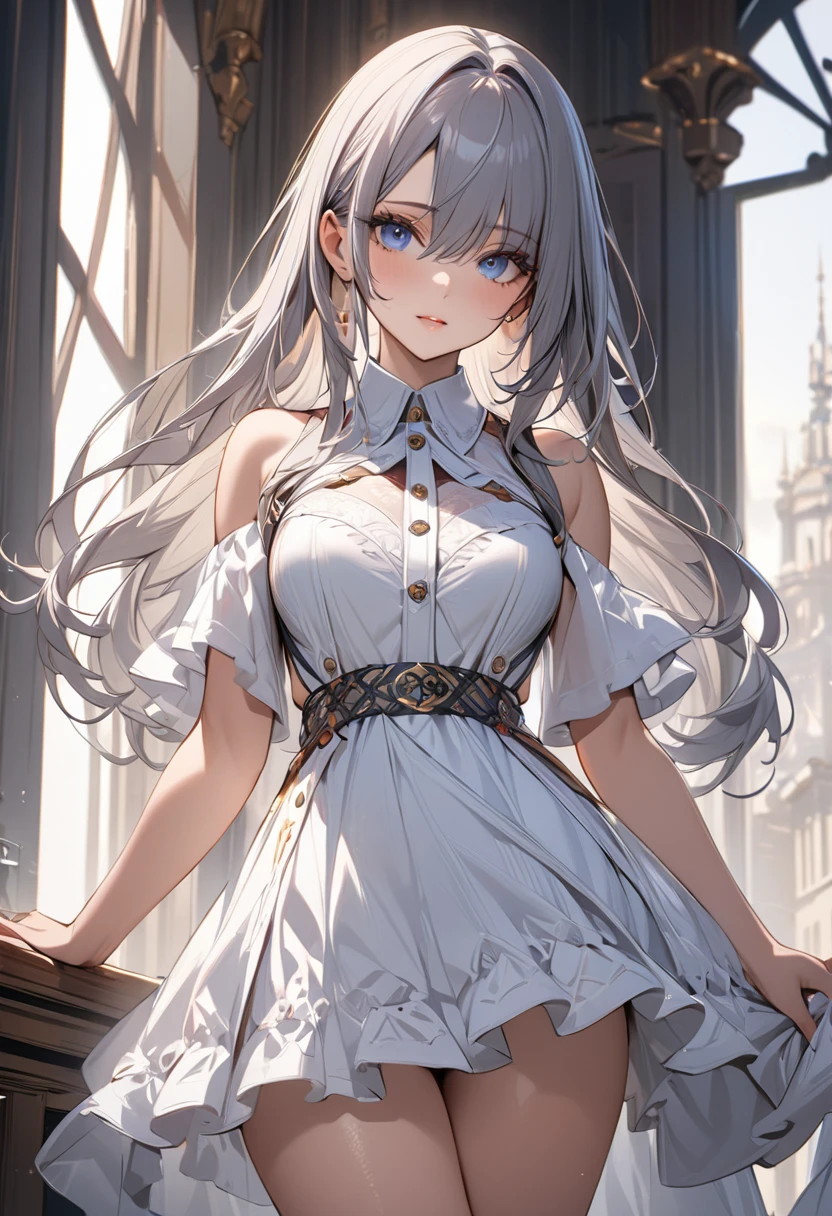 meticulous portrayal of face,1 girl,White dress long dress,(white stockings+),Flat sandals for women,(White stocking feet),light blue long hair,Station background, Perfect body, s the perfect face, perfect hand, Perfect Finger, Perfect lips, perfect eyes, Perfect background