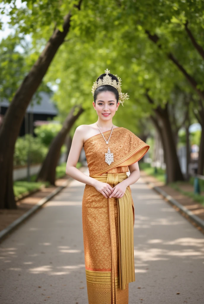 Asian young woman wearing traditional Lanna Thai attire, dressed in a beautifully embroidered silk blouse and a long traditional skirt with intricate patterns, accessorized with silver jewelry and a floral hairpiece. Posing under a wild Himalayan Cherry tree at Chiangmai mountain street. Focus on the intricate details of the dress and the atmospheric lighting. Photorealistic, detailed textures on fabric and jewelry. Medium shot, slightly angled from below, highlighting her attire and posture against the scenic background. Ultra-high resolution, 4K quality for crisp details.