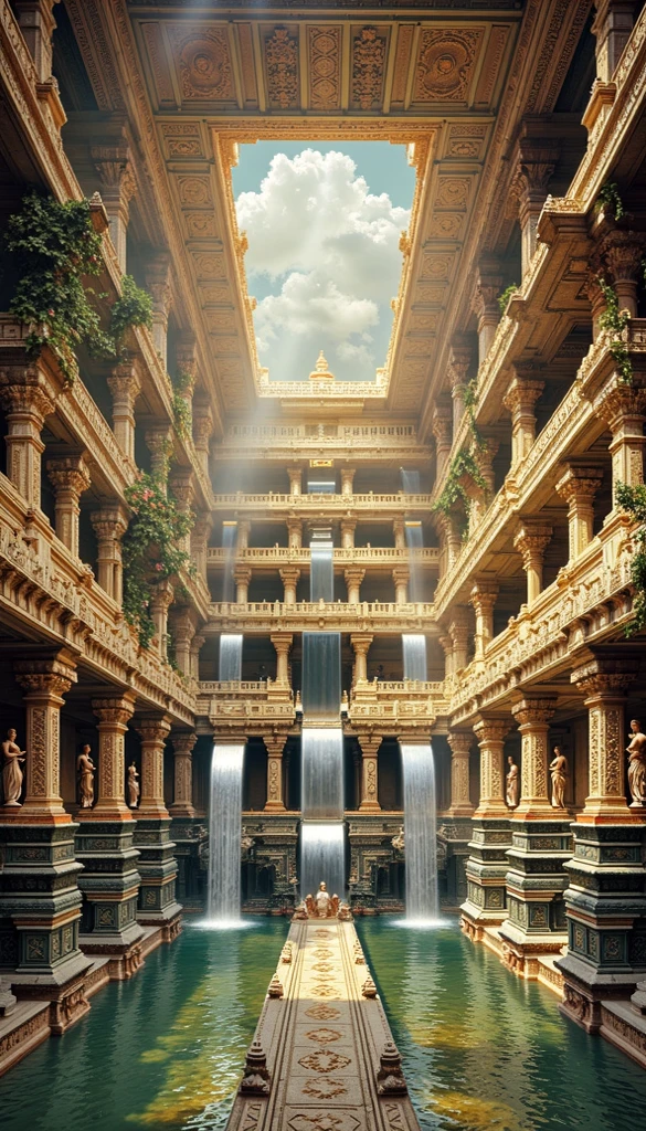 A grand, hyper-realistic painting capturing a majestic hall within an ancient Indian palace. The hall features seven attic pools on top of each, each one connected by cascading waterfalls that flow elegantly from stone-carved spouts high above. Stone platforms and finely carved attic balconies blend seamlessly with the colorful gopuram and intricate Dravidian temple architecture. The ceiling is adorned with ornate carvings, depicting celestial figures and patterns, while massive, intricately detailed pillars showcase traditional South Indian designs, rising gracefully to support the roof. Towering statues of deities and mythical beings, sculpted with precision and reverence, line the hall, lending an aura of timeless grandeur. Lush vines with vibrant flowers wrap around the stonework, introducing elements of natural beauty into the scene. Soft rays of sunlight filter in from above, illuminating the pools and casting intricate shadows that accentuate the hall's detailed craftsmanship. The atmosphere combines a serene tranquility with opulent splendor, as vivid textures and colors reflect the rich legacy and splendor of ancient south India. Capture the scene with high contrast, vivid hues, and a warm, ethereal glow