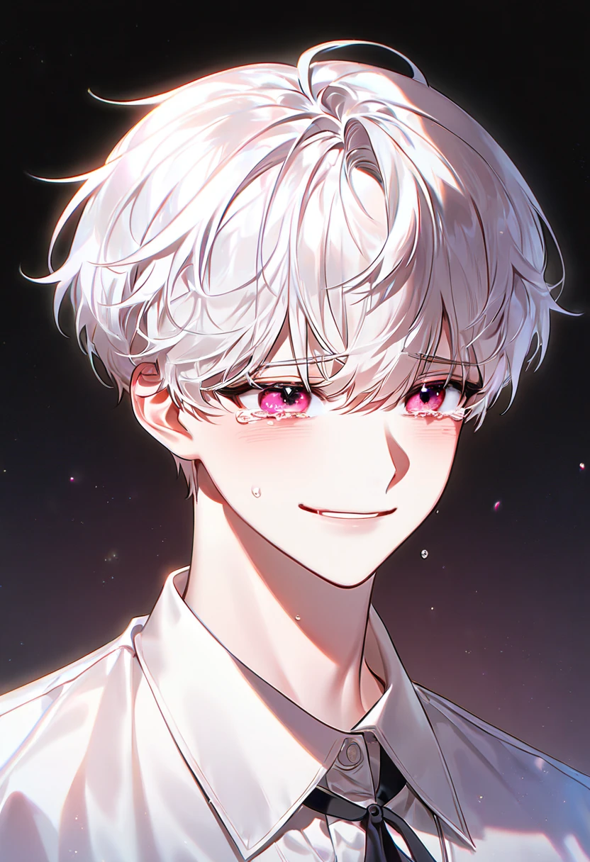 White hair,man,academic,pink eyes , best quality,High quality, very delicately, Korean. cute ,teardrop,Crying ,A bitter smile ,Korean fashion ,Short cut