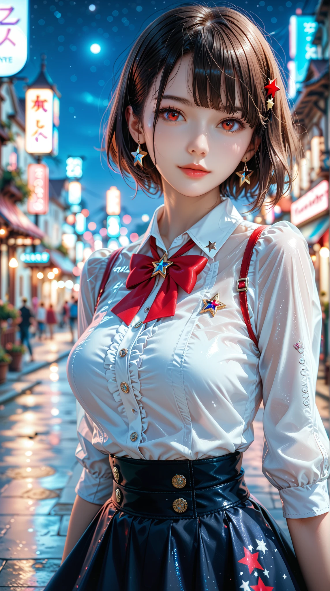 ((masterpiece)), ( top quality ),,  Official Art ,  extremely detailed CG unity 8k wallpaper,  extremely detailed ,  Glossy Skin , Depth of Field,  Vivid Color ,, 1girl, (curved:0.4), (whole body:0.6),, short hair, Bangs, red eyes, skirt, looking at viewer, night, Town, neon, review, star (Sky), the masses,  upper body,