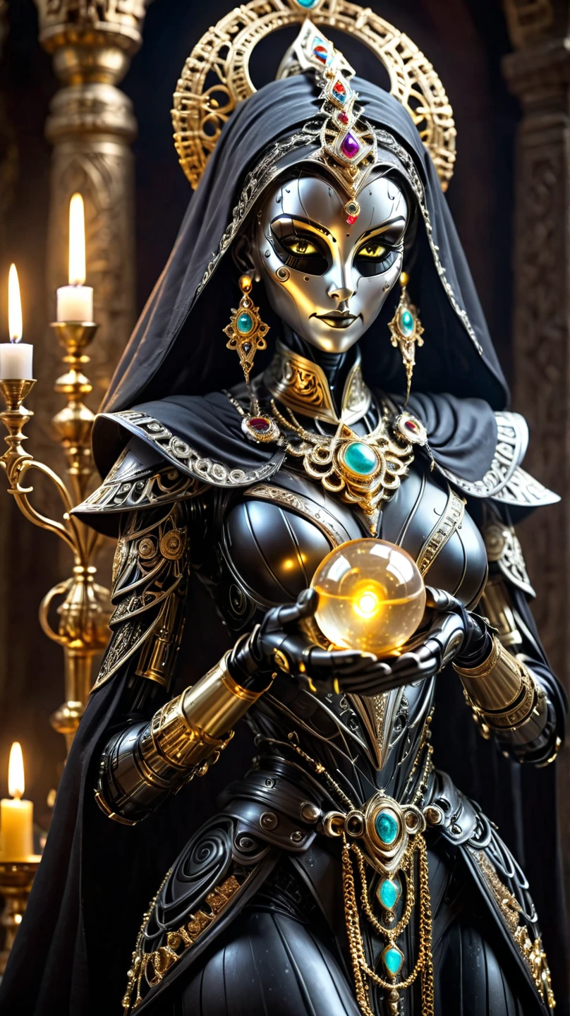 Create a picture of a beautiful female ancient priest cyborg with delicate and precise hands, holding a tiny glowing crystal orb, shiny gold-silver-platinum alloy mask face, insanely detailed and intricate Jepara style carvings, shallow depth of field, bustling neon-lit background, in front of an ancient, mysterious altar, surrounded by candles for an otherworldly atmosphere