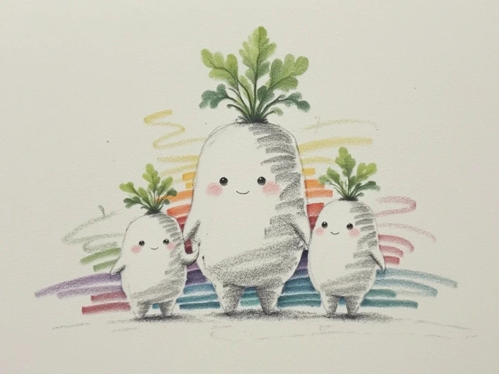 a group of small minimalist characters, little plant-like daikon.in style of colourful pencil art





