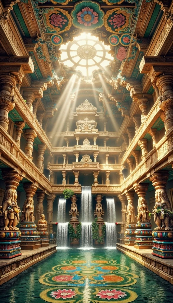 A grand, hyper-realistic painting capturing a majestic hall within an ancient Indian palace. The hall features seven attic pools on top of each, each one connected by cascading waterfalls that flow elegantly from stone-carved spouts high above. Stone platforms and finely carved attic balconies blend seamlessly with the colorful gopuram and intricate Dravidian temple architecture. The ceiling is adorned with ornate carvings, depicting celestial figures and patterns, while massive, intricately detailed pillars showcase traditional South Indian designs, rising gracefully to support the roof. Towering statues of deities and mythical beings, sculpted with precision and reverence, line the hall, lending an aura of timeless grandeur. Lush vines with vibrant flowers wrap around the stonework, introducing elements of natural beauty into the scene. Soft rays of sunlight filter in from above, illuminating the pools and casting intricate shadows that accentuate the hall's detailed craftsmanship. The atmosphere combines a serene tranquility with opulent splendor, as vivid textures and colors reflect the rich legacy and splendor of ancient south India. Capture the scene with high contrast, vivid hues, and a warm, ethereal glow