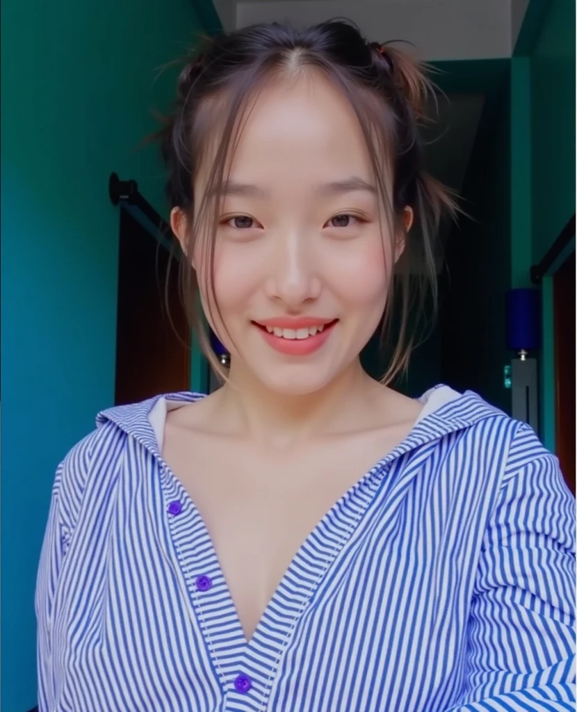 ((GREEN FLUORESCENT LIGHTENING)), ((STYLISH BUN HAIR)), realisitic、(top-quality), matured malay women、Realistic 20 year old dark skin malay face girl, dark skin、wife, mother, (((beautiful nipple)))、Cleavage is fully exposed、Erotic panties、kitchen、messy kitchen, ((Sex in cowgirl position))、((Colossal tits:1.4)) 、((Very small face))、all-fours,Professional bright lighting、Leans forward heavily、Face kissing、erotick、((Chibi girl in loli))、Pale blue loose blouse、gym shorts, ((seduce face)), smile