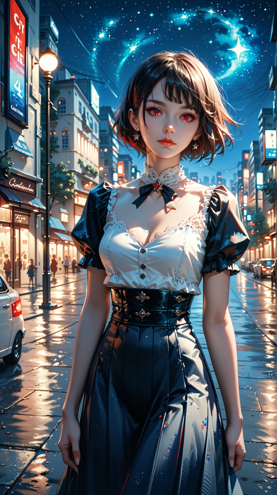  Portrait of a mysterious girl with red eyes ，short hair，long skirt， In a night setting ， City Street， Starry sky above ，Lonely and charming ， Extraordinary beauty ，Digital painting， Ultra high resolution CG unity 8k artwork