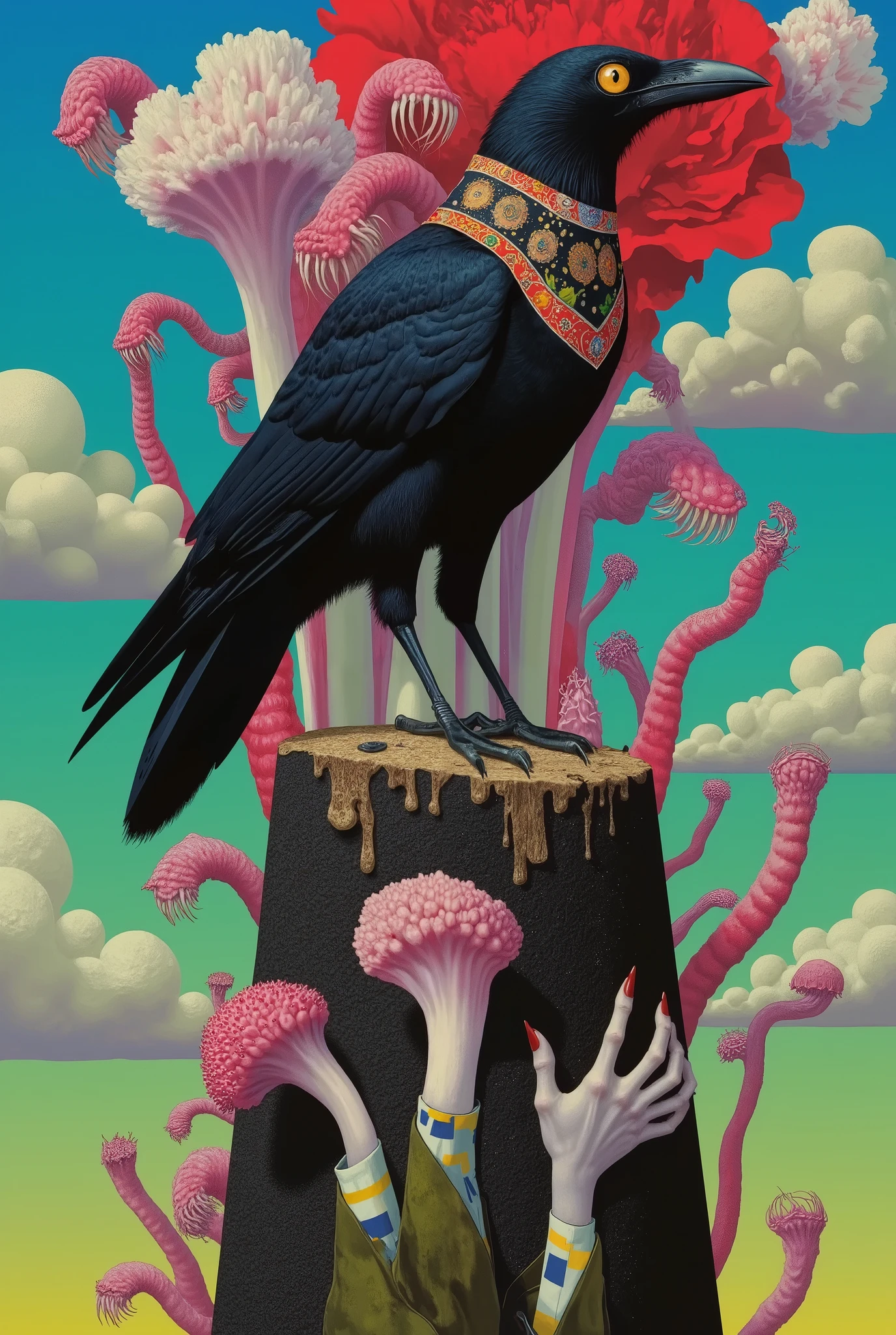 ilustración de un esoteric raven  parado sobre un hongo gigante,  Dribbble illustration , esoteric raven  ( BEAUTIFUL AND DETAILED CLOTHING ) ( full body) (body profile) (Occult sorcery ), Fungus, inspired by Tim Biskup, Adobe Illustrator Art,  in the style of digital illustration , Created in Adobe Illustrator, Behance vector hd ,, Fabulous Illustrations,, Occultism,  A beautiful artistic illustration 