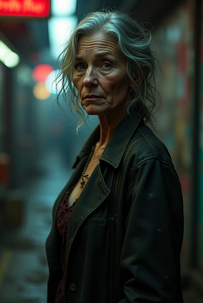 A 65-year-old woman wearing glasses, skinny weighing 45 kilos distributed in a body with 170 centimeters tall, with large, saggy breasts, wide hip, thick legs and thighs. She has an expressive face with lines of time from age, small mouth, brown eyes with a serene and suffering look, light brown eyes and wavy hair. She is wearing a long black skirt and has both hands holding a totally open white social shirt totally exposing her beautiful totally naked breasts, and she is leaning against a wall in a deserted and dark alley in a Brazilian favela at night.