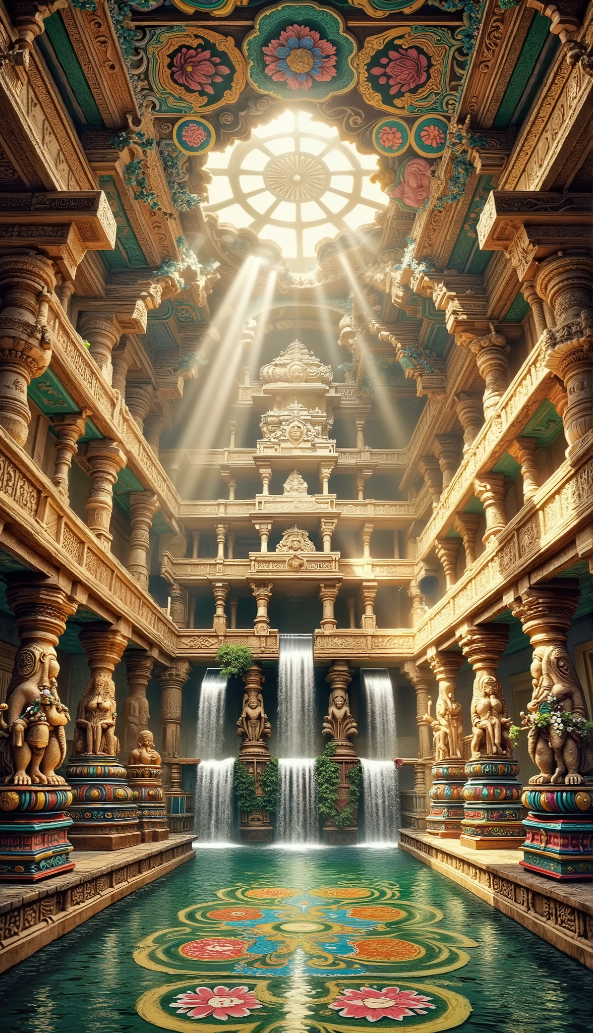 A grand, hyper-realistic painting capturing a majestic hall within an ancient Indian palace. The hall features seven attic pools on top of each, each one connected by cascading waterfalls that flow elegantly from stone-carved spouts high above. Stone platforms and finely carved attic balconies blend seamlessly with the colorful gopuram and intricate Dravidian temple architecture. The ceiling is adorned with ornate carvings, depicting celestial figures and patterns, while massive, intricately detailed pillars showcase traditional South Indian designs, rising gracefully to support the roof. Towering statues of deities and mythical beings, sculpted with precision and reverence, line the hall, lending an aura of timeless grandeur. Lush vines with vibrant flowers wrap around the stonework, introducing elements of natural beauty into the scene. Soft rays of sunlight filter in from above, illuminating the pools and casting intricate shadows that accentuate the hall's detailed craftsmanship. The atmosphere combines a serene tranquility with opulent splendor, as vivid textures and colors reflect the rich legacy and splendor of ancient south India. Capture the scene with high contrast, vivid hues, and a warm, ethereal glow