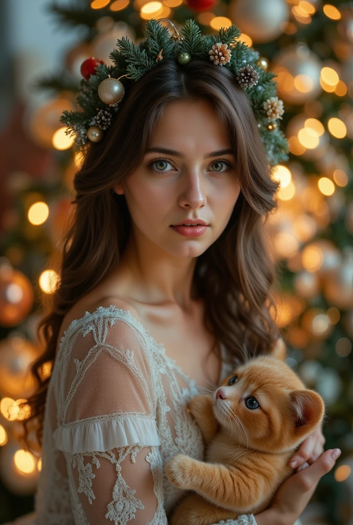 realism, Close-up, portrait,
Magic style,gfame,Whimsical magic style, breathtaking beauty, dramatic play of shadow and light, immersive Christmas atmosphere, elegantly presented festive girl adorned in intricate holiday attire, tenderly cradling a precious Ragdoll cat amidst a stunning, lavishly decorated Christmas tree, bathed in soft, romantic lighting.