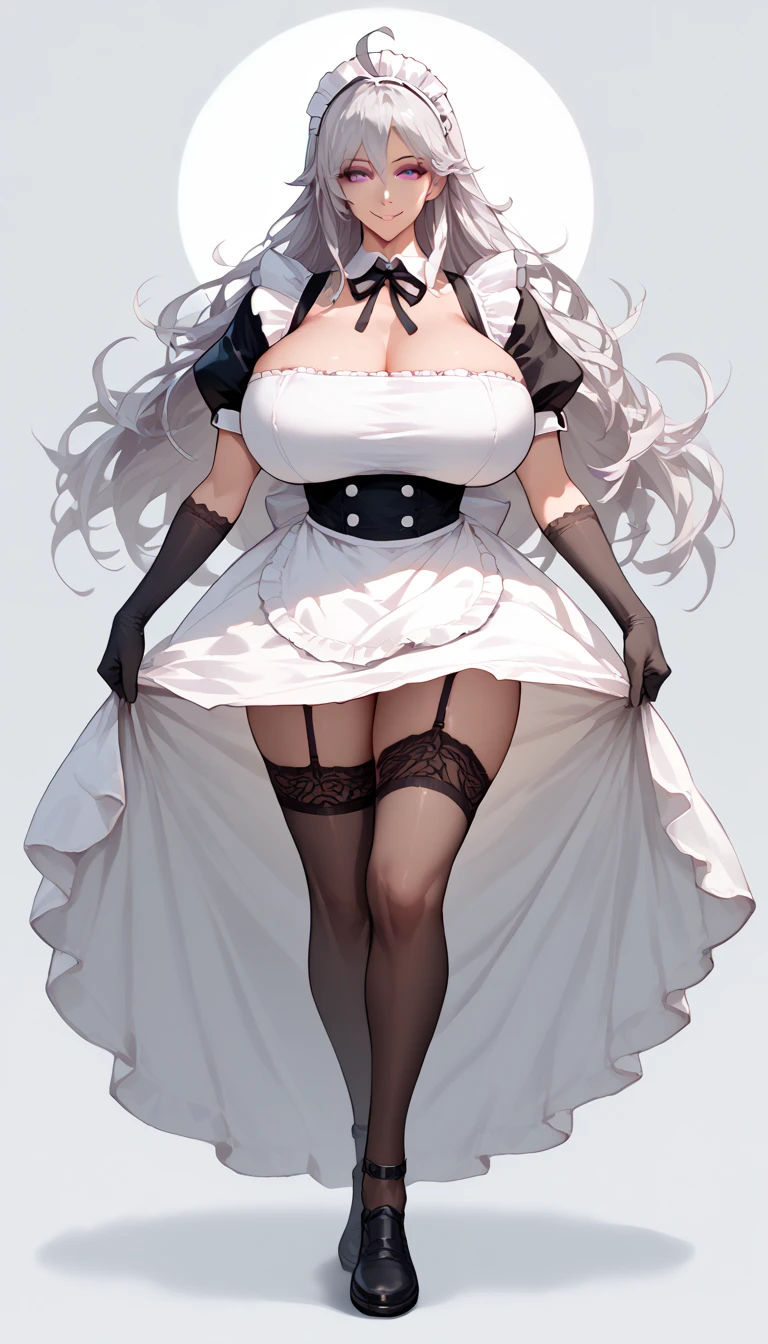 Woman with long silver hair, curvy body, wearing a long coat and a beautiful white frilly dress underneath, she also has beautiful blue eyes, and a confident smile