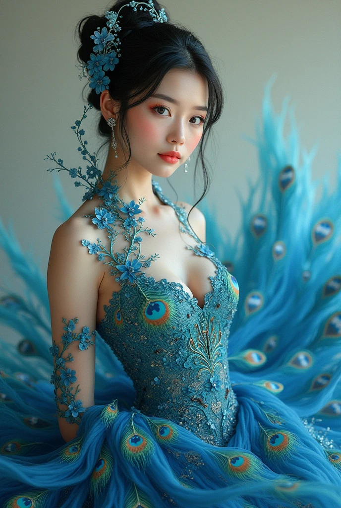 (((8k)),(highest quality color photo of a mysterious beautiful woman in floral clothing,Haute couture fashion shoot:1.2),(とても繊細でbeautiful作品:1.2), (Fractal Art:1.3),Sexy pose,Show your hand,Dynamic fashion pose, Art Nouveau, focus on Art Nouveau suit, Floral Couture, Luxury Fashion,(She is the epitome of beauty and charm.., Her clothes are soft and light like air.., elegant, Blue sophisticated fashion),(Gradient Silver Hair,Shiny髪,innovative hairstyle:1.2), light makeup,Simple and natural makeup,double eyelid,beautiful目,beautiful目,Soft white skin that shines in every detail,Green white skin,Yellow Gold Ratio Face,Very beautiful face,More information,Lips Detail,Shiny, beautiful唇,Shiny唇,A gentle yet sensual look,((beautiful, Voluptuous E-cup breasts)),High color saturation, Surrealism , (((highest quality, masterpiece, Very detailed, Ultra-high resolution))),(Realistic, RAW Photos, Absurd, The perfect solution:1.4),brake, Divine Light, With neon lights,Great background, blue flower々Background, Simple Background,Blue as the base color,