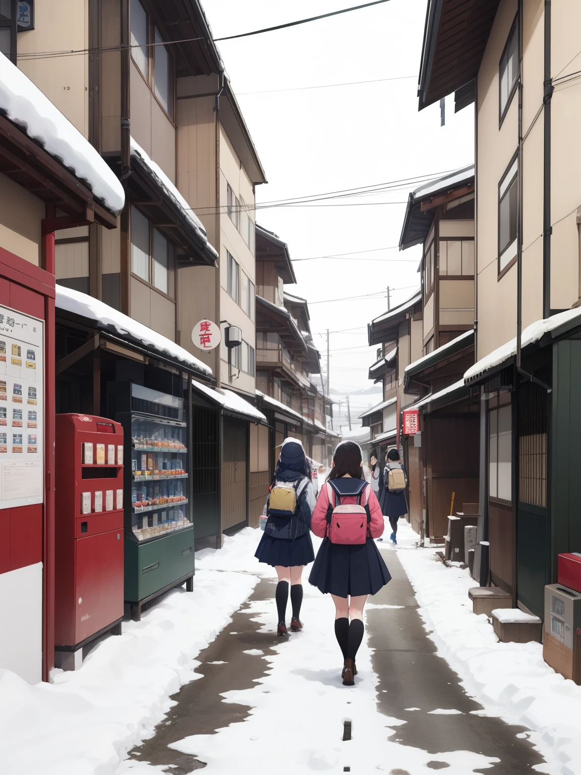 冬の日本のBack Alley，Back Alley，Japanese beverage vending machine,  Retro Style ，A few female ********************** who seem to be having fun going to school，snow景色，snow，Strong winds， girl &#39;Lure，