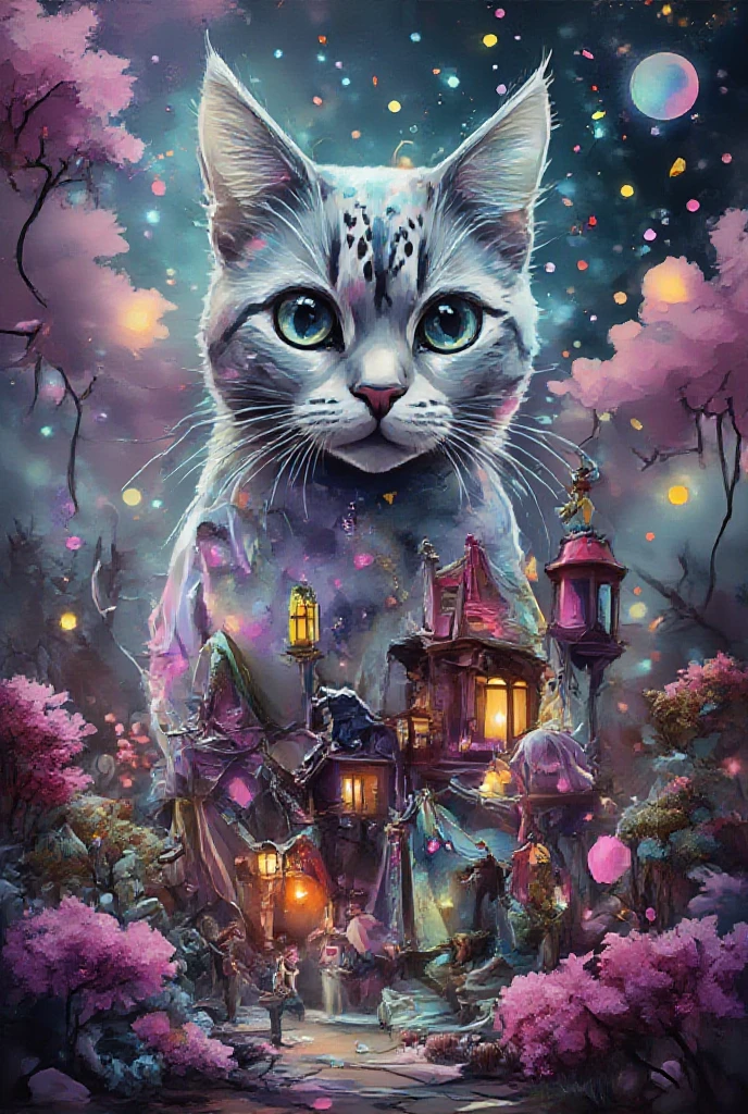 translucent,  double exposure , Overlay Layers,  cat town inside polka dots, Tim Burton+Dali ,  cat tale ,
octane, fantasy, neon, holographic