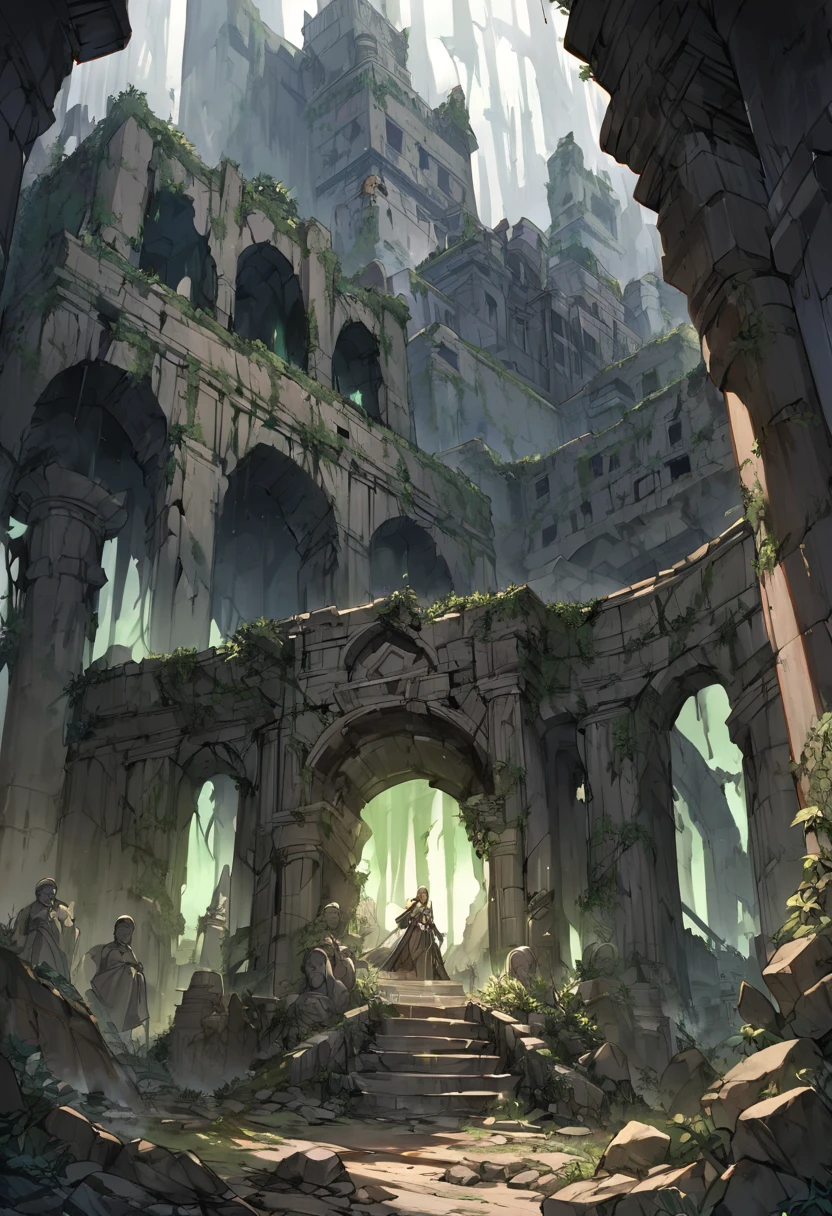 The scene takes place within the crumbling ruins of an ancient stone fortress, overgrown with vegetation and weathered by time. Shafts of light pierce through gaps in the dilapidated walls, casting an eerie glow over the treacherous environment, In the background, the decaying grandeur of the ancient structure is on full display - ornate columns, weathered statues, and ominous archways hint at the fortress’ former glory, now reduced to a treacherous ruin.