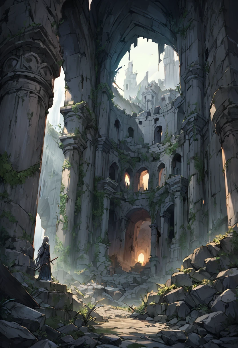 The scene takes place within the crumbling ruins of an ancient stone fortress, overgrown with vegetation and weathered by time. Shafts of light pierce through gaps in the dilapidated walls, casting an eerie glow over the treacherous environment, In the background, the decaying grandeur of the ancient structure is on full display - ornate columns, weathered statues, and ominous archways hint at the fortress’ former glory, now reduced to a treacherous ruin.