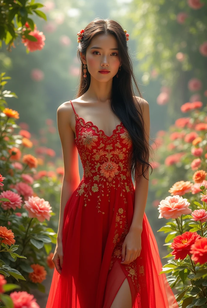 En una fiesta de primavera, A beautiful vampire walks through a garden on a clear night. Ella lleva una guirnalda de flores en su cabello, You have cold eyes and your skin lacks pigment., Ella lleva un largo, Sober dress with heart neckline.