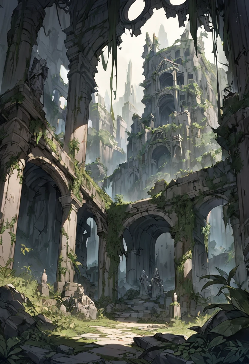 The scene takes place within the crumbling ruins of an ancient stone fortress, overgrown with vegetation and weathered by time. Shafts of light pierce through gaps in the dilapidated walls, casting an eerie glow over the treacherous environment, In the background, the decaying grandeur of the ancient structure is on full display - ornate columns, weathered statues, and ominous archways hint at the fortress’ former glory, now reduced to a treacherous ruin, Dark fantasy, lots of plants