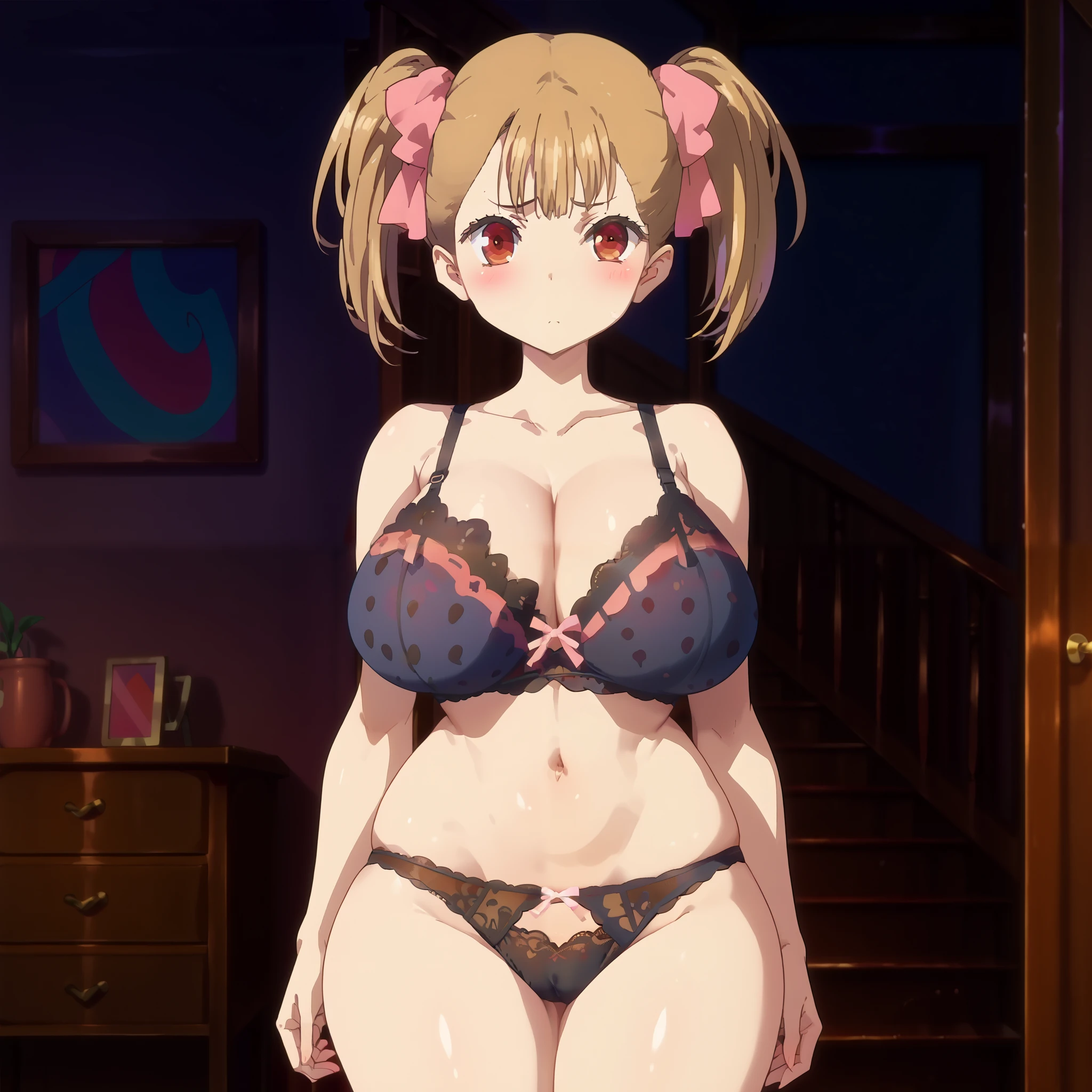 1girl, rumi, light brown hair, middle bangs, pink hair ribbons, twintails, red eyes, huge breasts, narrow waist, wide hips, thick thighs, black lace bra, black lace panties, blushed, shy, cute, standing, looking at viewer, sinple background, from the front view