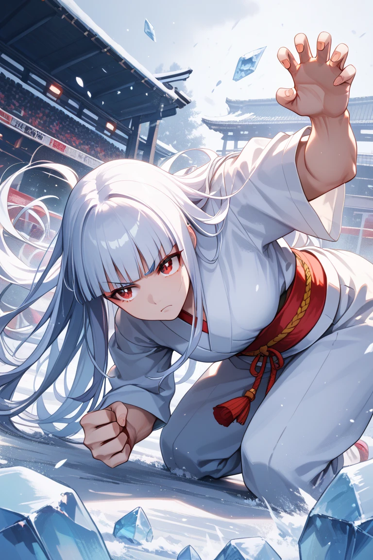 masterpiece,best quality,simple,minimalism,hime cut,beautiful mysterious japanese girl,(((straight white long hair))),troubled and groomed eyebrows,red eyes,slanted eyes,half opened eyes,white skin,white kimono red obi,ice and snowstorm background,(((fighting and claw pose))),posing like a beast,crawling all fours