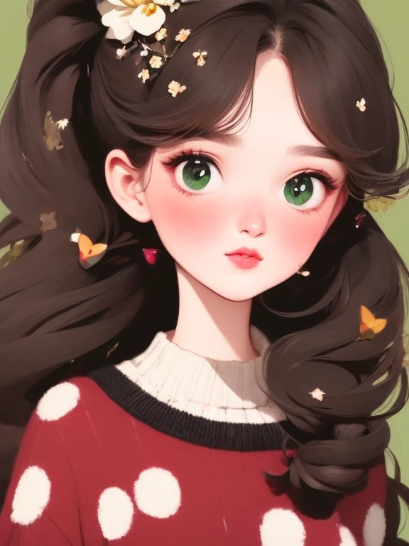 (masterpiece, best quality:1.2),flower arrangement art，watercolor painting，black irregular lines，a beautiful girl，Skin detail processing，The eyes are finely described，Delicate hair，ponytail，black high-neck sweater，White geometric pattern，Sweater details，hairy，Warm，Retro contrasting colors，flower brooch，clean background，green，blue，red，
