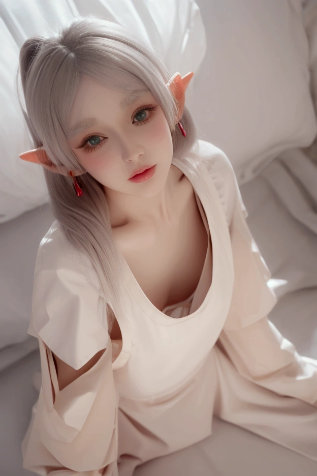 Chibi facing viewer stunning eyes and tits beautiful face on a bed doggystyle, down face, up ass
