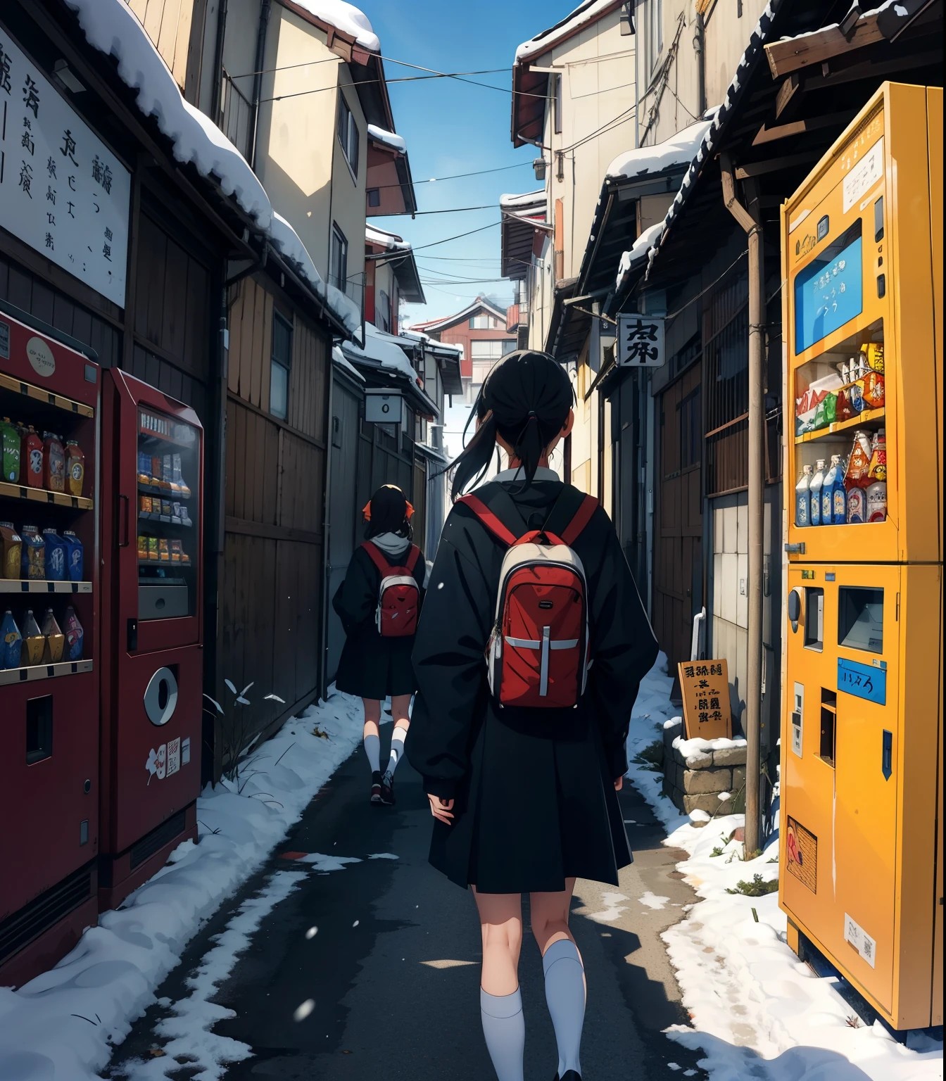 masterpiece，top quality， high image quality，( super flat ， flat shading  )， fisheye lens，冬の日本のBack Alley，Back Alley，Japanese beverage vending machine,  Retro Style ，A few female ********************** who seem to be having fun going to school，snow景色，snow， bright color，watercolor,  Ghibli style，Strong winds， girl &#39;Lure，