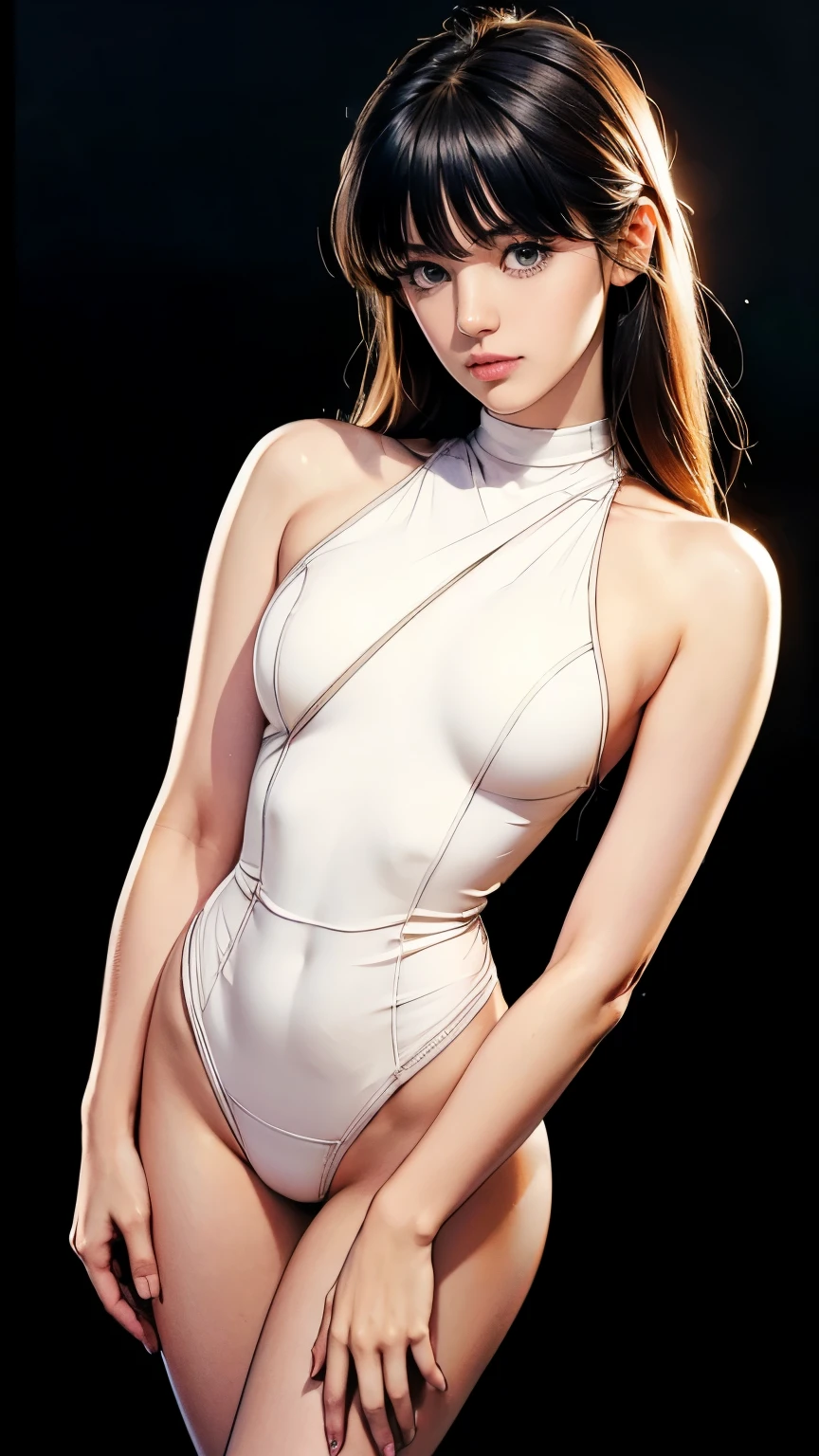 8K, Raw photo, highest quality, masterpiece, Full body, aerial view, cinematic lighting, Miranda May Kerr stands tall in a white Cyberpunk uniform with pants full armor, a Very Long Shot, and her dark brown hair cascading down her shoulders. Her ultra-detailed face with beautiful features shines in the dimly lit cyberpunk setting. The sleek uniform accentuates her medium height and slender athletic figure. She wears it confidently, showcasing breasts beneath. Dynamic shooting poses to showcase her agility as she moves through the futuristic landscape.