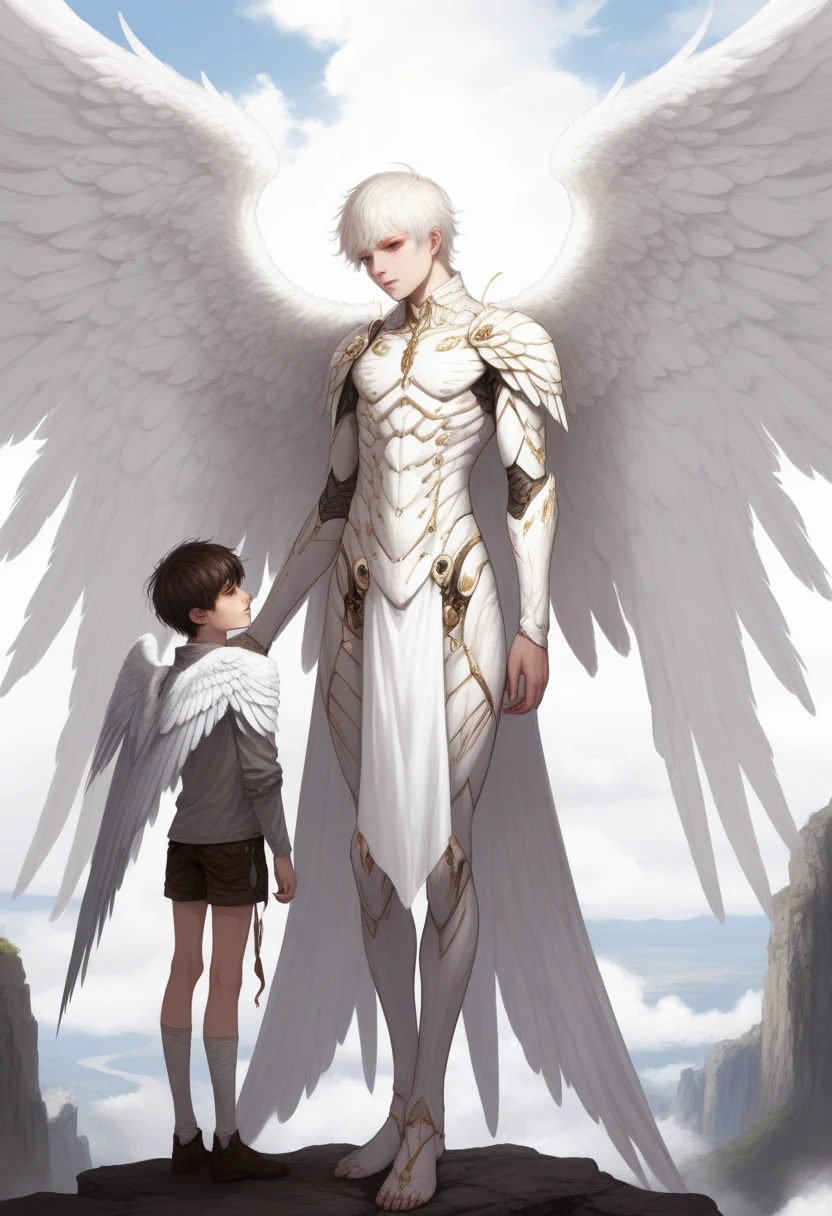 A white-skinned seraph parity gigantic wings and a boy
