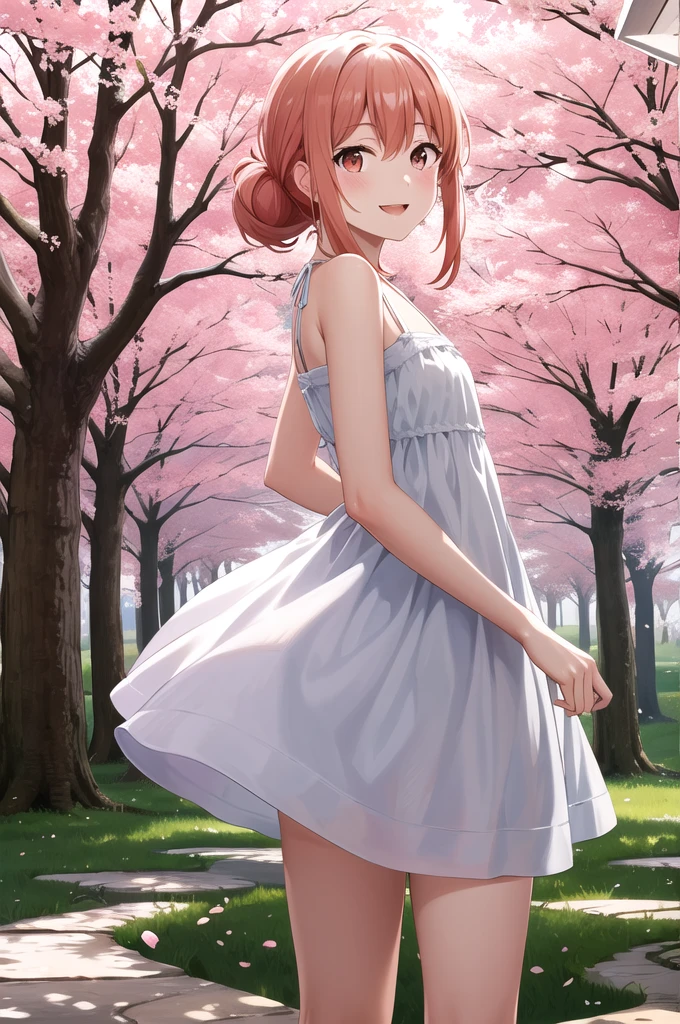 masterpiece,  top quality ,  high res, Gahama,  single hair bun, chest,  sundress, white dress, smile, forest, cherry blossoms,  is standing,  cowboy shot,  turn my arms around my back ,  lean forward,