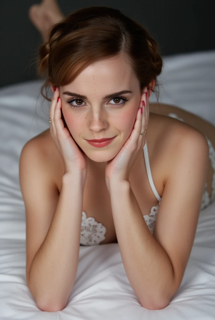 Emma watson Double Bun, Blush, Parted Lips, Simple background, lacy white bikini, leaning forward, full body, on bed