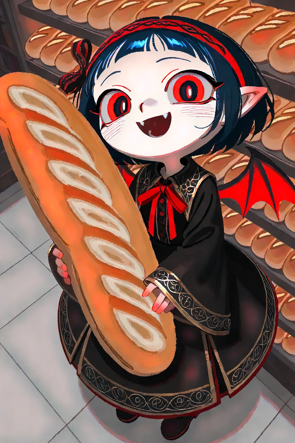 (solo:1.4),1girl\(vicomte,(chibi),cute, vampire wings, red eyes,open mouth, sharp vampire fangs, black short hair, elf ears, cute (((red ribbon))) headband, (big evil smile) cute smile,face shining, big eyes, cute expression, black short vampire robe\(gothic (gold embroidery)\), hugging (baguette bread) \),cute pose,black short vampire dress,full body\),inside,at bakery, many breads sell on shelves, (from above:1.5), dutch angle, minimalist, lineless