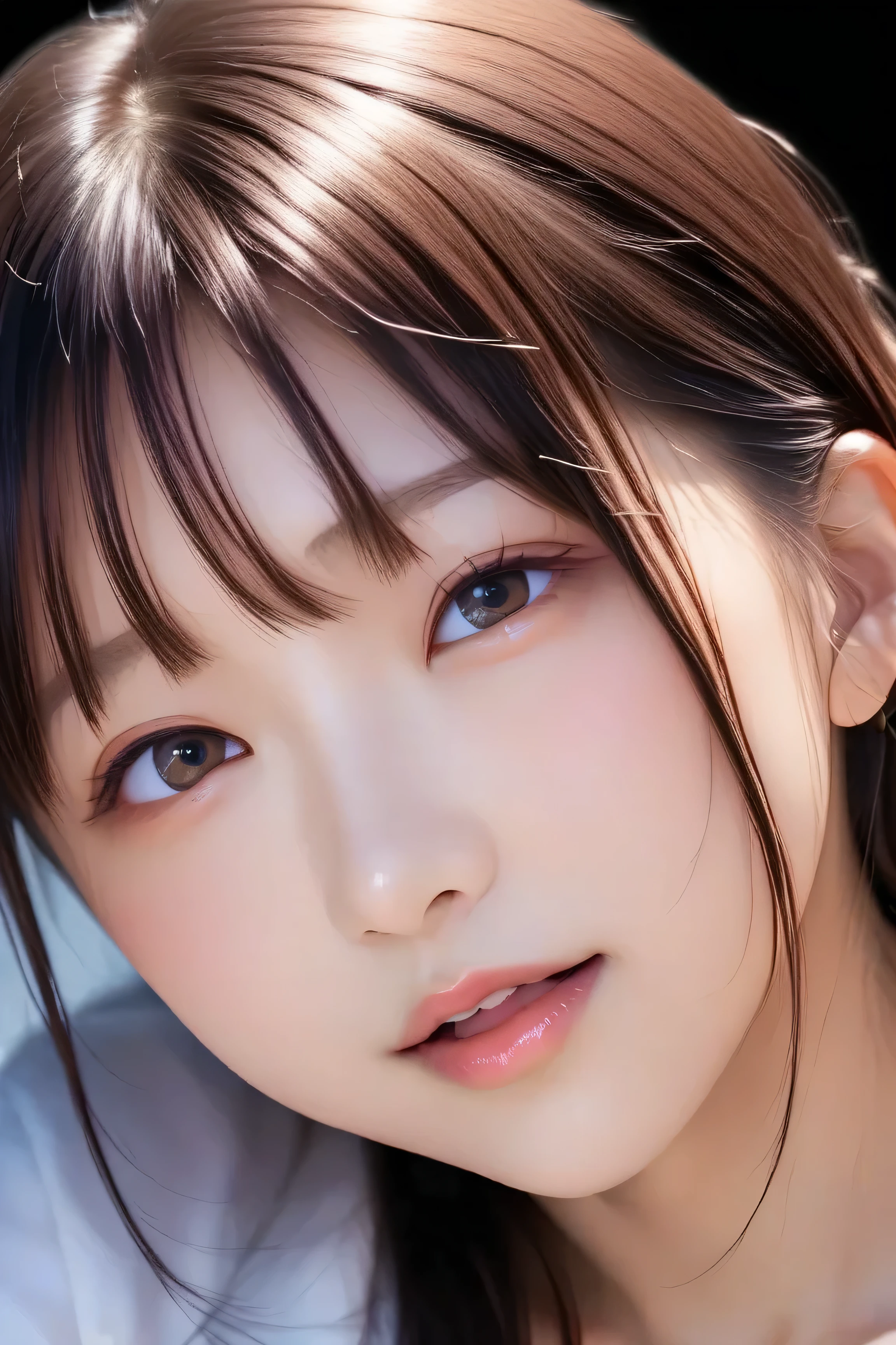 (masterpiece:1.2), Super detailed, ultra high resolution, (realistic, photo realistic:1.37), High resolution raw color photos, professional photos, dramatic lighting, sharp focus:1.2, (Highly detailed face and skin texture, very fine eyes, shiny skin, glowing skin, glowing skin, shining face, luster, oily skin, greasy face, oily skin, greasy face, Strong luster), perfect anatomy, highly detailed background, woman1 name, Japanese woman,  (B cup),poster, volume lighting, in the dark, deep shadow, private key,close, NSFW,long hair,brown hair、attractive face,Light and cute freckles, realistic. ultra - realistic faces,25 years old, look straight, girl, woman, (korean idol), long hair, hair is dirty, asymmetrical bangs, brown hair, Authentic and detailed face, ((slim face)), Mole under left eye,