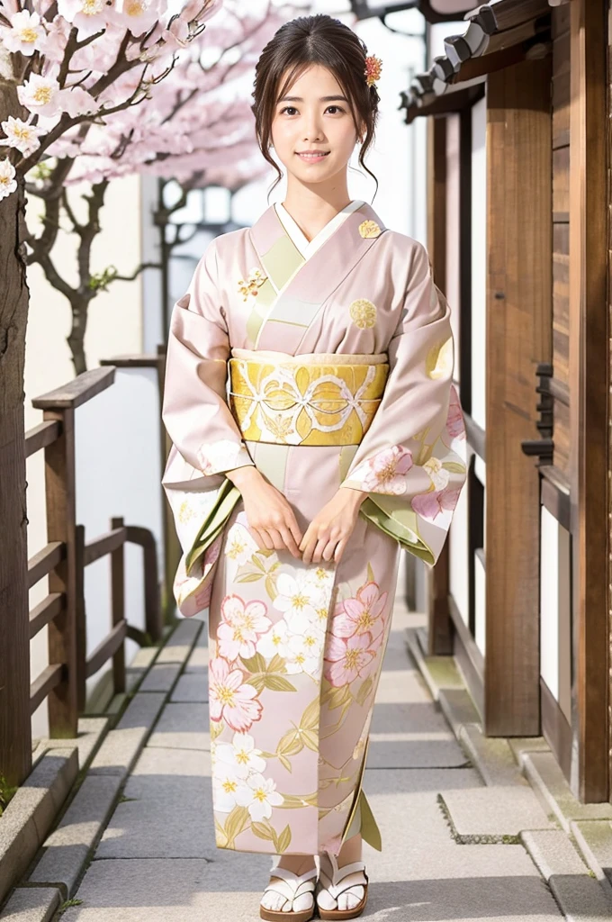 A beautiful Japanese woman wearing a pink floral  kimono. Her hair is elegantly tied up with floral ornaments, and her bangs are down. She stands in a narrow alley in Kyoto during daytime, surrounded by a festive New Year atmosphere. The  kimono features intricate floral patterns, and she has delicate features with brown eyes and brown hair. Her expression is serene and graceful.

one girl, (beautiful girl, delicate girl:1.3), (elegant appearance:1.3), break, (spring clothes:1.3), break, very fine eyes, (symmetrical eyes:1.3), break, perfectly shaped and anthropomorphically correct fingers, break, small breasts, brown eyes, (((shortcut))), straight bangs, brown hair, break, (eye and face details:1.0), break, (masterpiece, highest quality, super detailed), detailed face, 8k, full body view from the knee up,  kimono, intricate patterns, floral design. high res, masterpiece, masterpiece, accurate,  anatomically correct ,  won lots of awards ,  top quality ,  high detail, 