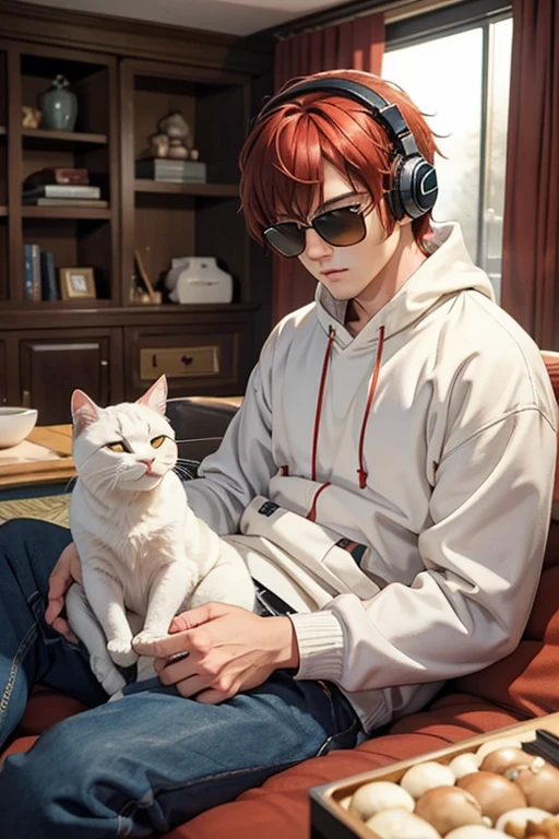 in the room, bright sunshine, a white cat is curled up and sleeping in the kotatsu, looks a bit sleepy, light snow falling, a man who is an AI musician sitting on the cat's nearby, the man wearing casual and relaxing fashion, a dandy atmosphere, black headphones on, see-through sunglasses, brown and pale red hair, {illustlation}, {portrait}