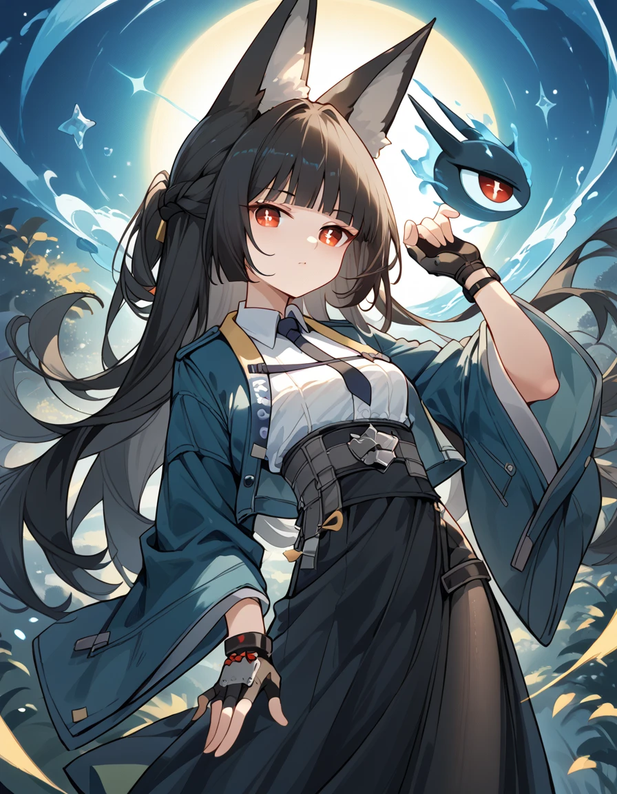 miyabihoshimi, miyabi hoshimi,animal ear fluff, animal ears, black hair, bright pupils, fox ears, fox girl, half updo, long hair, red eyes, sidelocks, white pupils, asymmetrical gloves, black gloves, black necktie, black skirt, blue jacket, collared shirt, fingerless gloves, gloves, high-waist skirt, jacket, long skirt, necktie, shirt, side slit, single fingerless glove, skirt, white shirt, wide sleeves, 