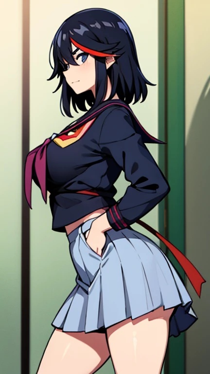 Matoi ryuuko is wearing her school clothes and she has large breasts 