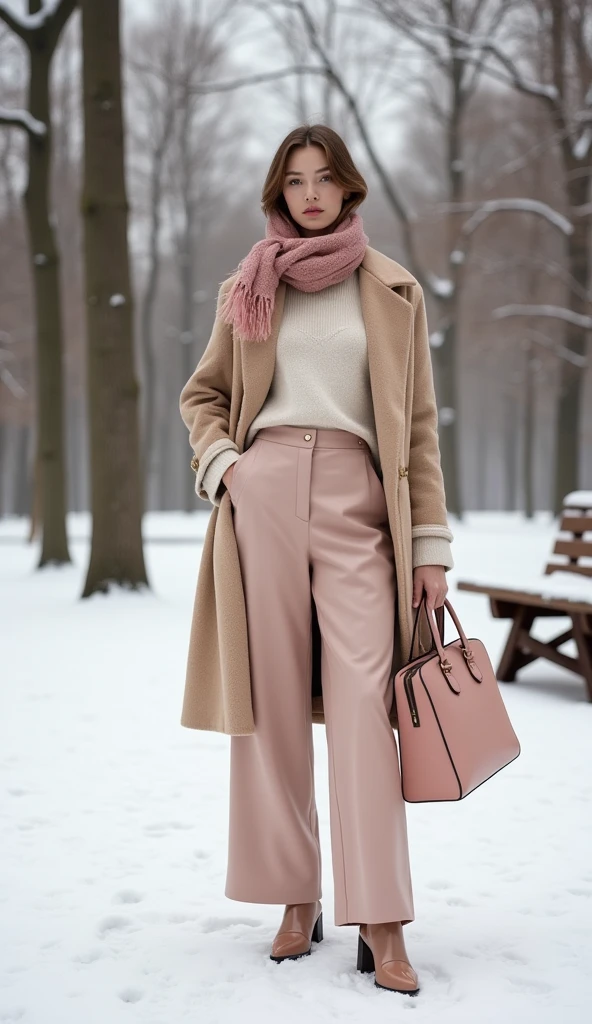 a busyness wemens modest winter outfit with pastel white lose formal pant and white sweter with light rosy pink over coat with light skin tone and pastel white hijab without showing any hair
