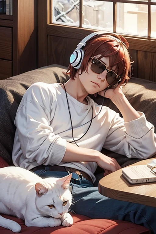 in the room, bright sunshine, a white cat is curled up and sleeping in the kotatsu, looks a bit sleepy, light snow falling, a man who is an AI musician sitting on the cat's nearby, the man wearing casual and relaxing fashion, a dandy atmosphere, black headphones on, see-through sunglasses, brown and pale red hair, {illustlation}, {portrait}