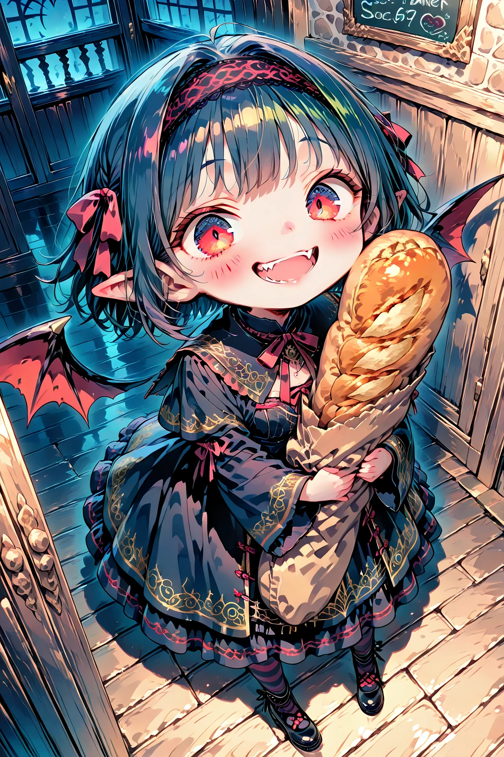 (solo:1.4),1girl\(vicomte,(chibi),cute, vampire wings, red eyes,open mouth, sharp vampire fangs, black short hair, elf ears, cute (((red ribbon))) headband, (big evil smile) cute smile,face shining, big eyes, cute expression, black short vampire robe\(gothic embroidery\), hugging (baguette bread) \),cute pose,black short vampire dress,full body, (many sparkle in eyes:1.4)\),inside,at bakery, breads displayed neatly on shelves, (from above:1.5), dutch angle, minimalist, lineless