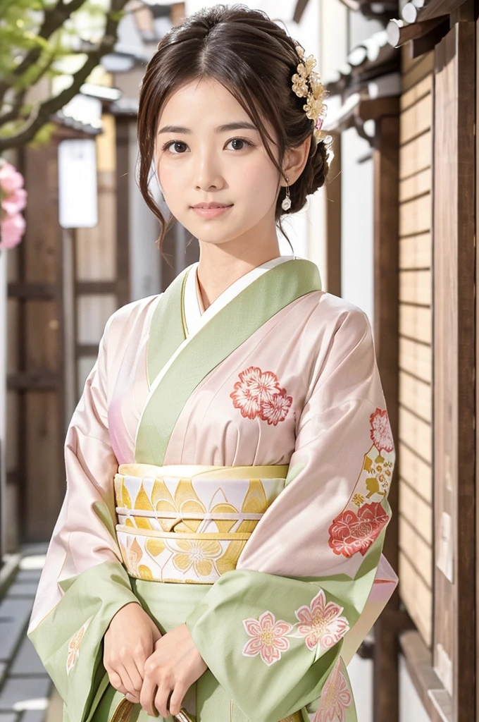 A beautiful Japanese woman wearing a pink floral  kimono. Her hair is elegantly tied up with floral ornaments, and her bangs are down. She stands in a narrow alley in Kyoto during daytime, surrounded by a festive New Year atmosphere. The  kimono features intricate floral patterns, and she has delicate features with brown eyes and brown hair. Her expression is serene and graceful.

one girl, (beautiful girl, delicate girl:1.3), (elegant appearance:1.3), break, (spring clothes:1.3), break, very fine eyes, (symmetrical eyes:1.3), break, perfectly shaped and anthropomorphically correct fingers, break, small breasts, brown eyes, (((shortcut))), straight bangs, brown hair, break, (eye and face details:1.0), break, (masterpiece, highest quality, super detailed), detailed face, 8k,  kimono, intricate patterns, floral design. high res, masterpiece, masterpiece, accurate,  anatomically correct ,  won lots of awards ,  top quality ,  high detail, 