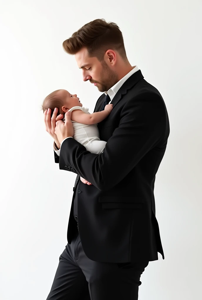 a handsome man, at thirty-eight years old, blond, straightened hair, and blue eye, manly face, serious expression, wearing a suit and a tie, dress pants, carrying a baby in her arms. Full-body image. perfects eyes. handsome man cute baby, perfects eyes