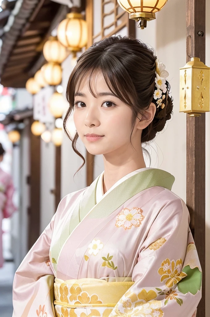 A beautiful Japanese woman wearing a pink floral  kimono. Her hair is elegantly tied up with floral ornaments, and her bangs are down. She stands in a narrow alley in Kyoto during daytime, surrounded by a festive New Year atmosphere. The  kimono features intricate floral patterns, and she has delicate features with brown eyes and brown hair. Her expression is serene and graceful.

one girl, (beautiful girl, delicate girl:1.3), (elegant appearance:1.3), break, (spring clothes:1.3), break, very fine eyes, (symmetrical eyes:1.3), break, perfectly shaped and anthropomorphically correct fingers, break, small breasts, brown eyes, (((shortcut))), straight bangs, brown hair, break, (eye and face details:1.0), break, (masterpiece, highest quality, super detailed), detailed face, 8k,  kimono, intricate patterns, floral design. high res, masterpiece, masterpiece, accurate,  anatomically correct ,  won lots of awards ,  top quality ,  high detail, 