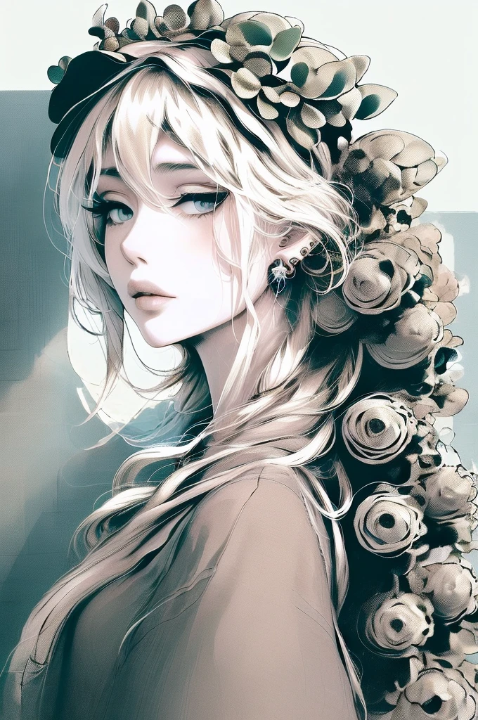 hyper-realistic  of a mysterious woman with flowing blonde hair, piercing opal eyes, and a delicate floral crown, backwards, looking back, upper body