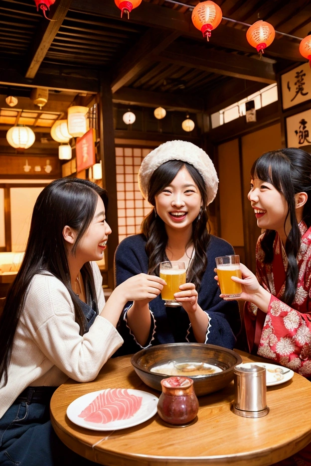 family、parents 、Wear a yukata、girl、cute、Japanese、Black Hair、Holding a beer