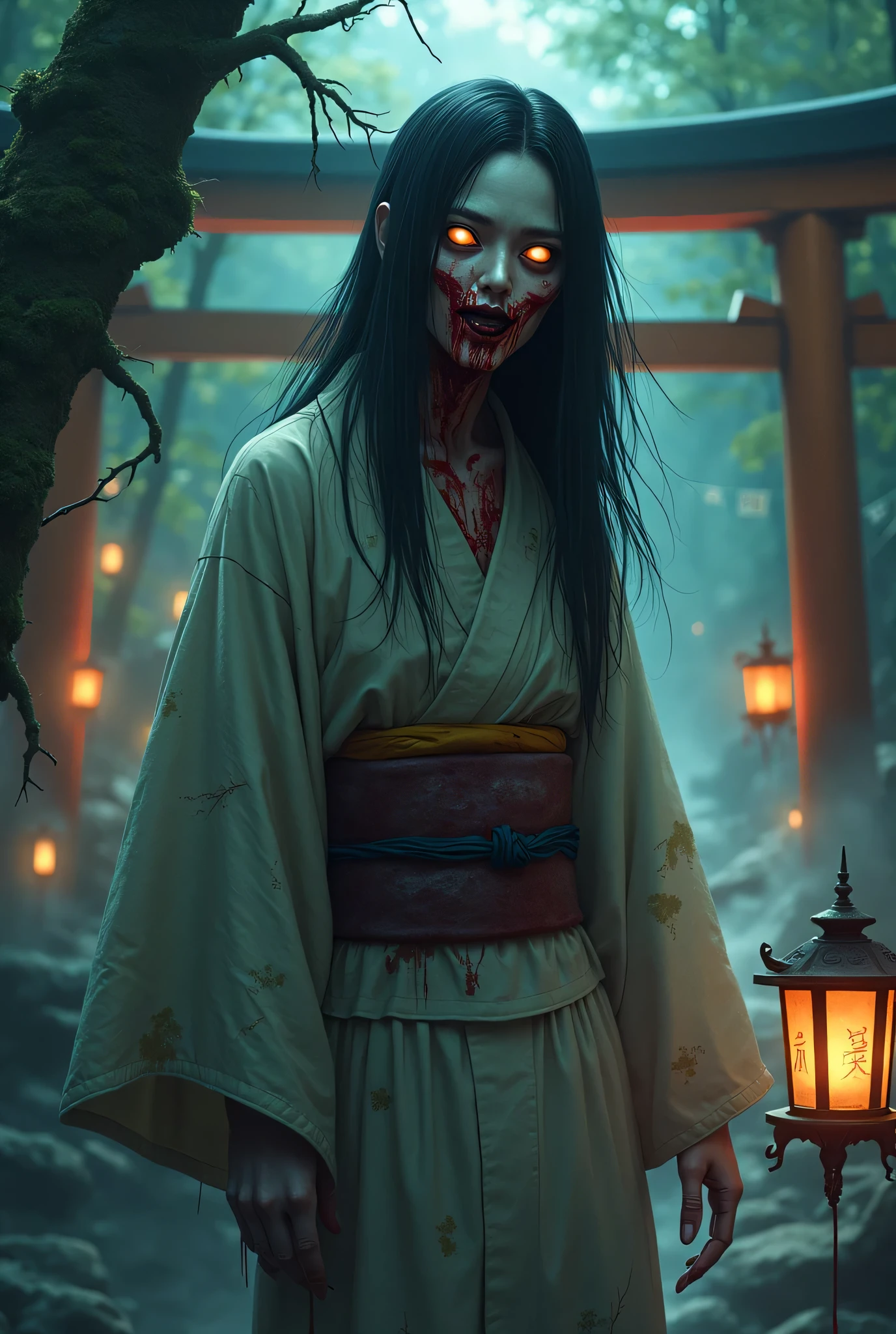 horror anime style, super fine illustration, masterpiece,best quality,highly detailed, dynamic angle, beautiful detailed, 8k, On a summer night, in Japanese-style room,scary ghost is having a feast. BREAK she talk about ghost stories around candles, having a horror time.Break kimono,score up_9,break psychic,trauma,scary ghost face,Break black cat,Broken Window,White Hand,呪怨Break horror horror horror,dark dark dark,