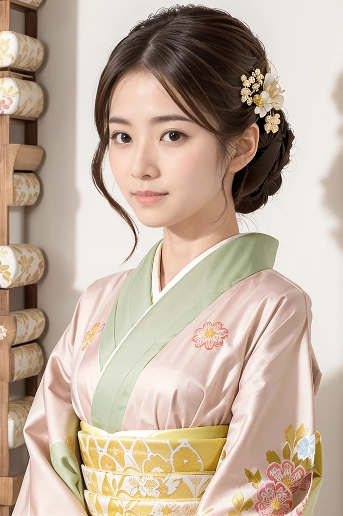 A beautiful Japanese woman wearing a pink floral  kimono. Her hair is elegantly tied up with floral ornaments, and her bangs are down. She stands in a narrow alley in Kyoto during daytime, surrounded by a festive New Year atmosphere. The  kimono features intricate floral patterns, and she has delicate features with brown eyes and brown hair. Her expression is serene and graceful.

one girl, (beautiful girl, delicate girl:1.3), (elegant appearance:1.3), break, (spring clothes:1.3), break, very fine eyes, (symmetrical eyes:1.3), break, perfectly shaped and anthropomorphically correct fingers, break, small breasts, brown eyes, (((shortcut))), straight bangs, brown hair, break, (eye and face details:1.0), break, (masterpiece, highest quality, super detailed), detailed face, 8k,  kimono, intricate patterns, floral design. high res, masterpiece, masterpiece, accurate,  anatomically correct ,  won lots of awards ,  top quality ,  high detail, 