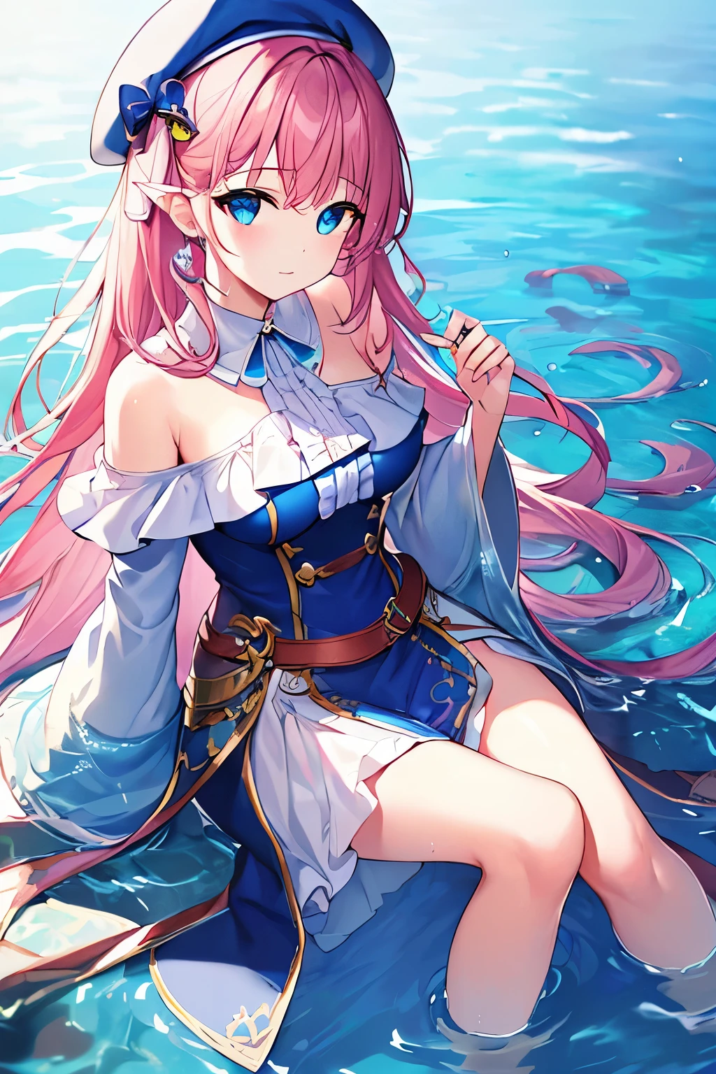 masterpiece, Highest quality, Super detailed, figure,(One girl),Beautiful attention to detail, View your viewers, (Holding a computer keyboard), Happy, (Turquoise Hair:1), (Blue round eyes:1), (Round earrings), (turquoise large gemstone necklace), Cute round face, Long Hair, smile, Fantasy Chinese Clothing